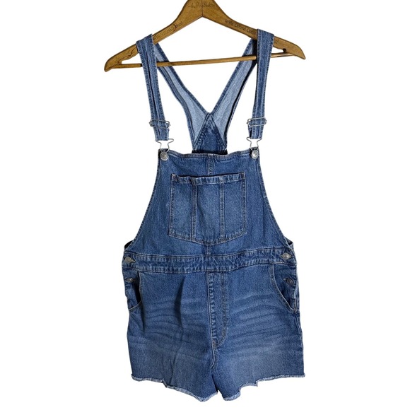 No Boundaries Denim - No Boundaries Womens Denim Shortalls Medium Wash Blue Raw Hem Size L 11-13